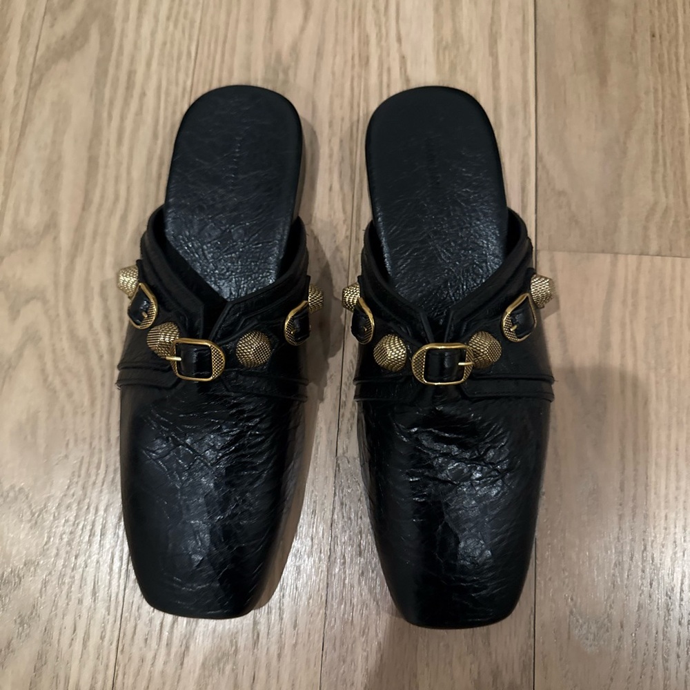 Balenciaga Black Leather Mules with Gold Accents